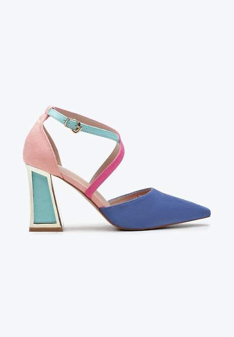 Niebieskie Czółenka na Obcasie w Kształcie Stożka z Metalowym Obramowaniem Haslia