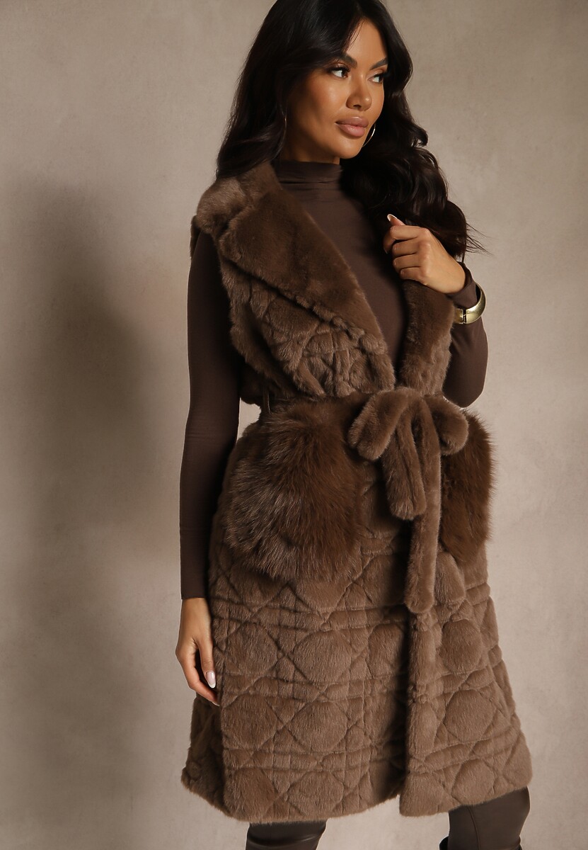 Brązowa Kamizelka Futerko z Wiązanym Paskiem Zdobiona Przeszyciami Ranitila