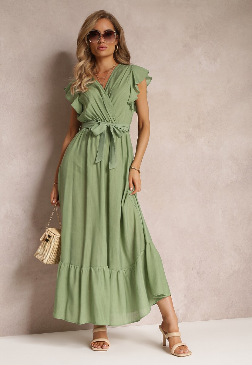 Zielona Rozkloszowana Sukienka Maxi z Gumką w Talii Lavla