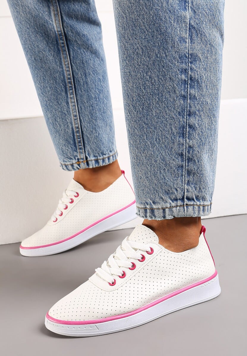 Beżowo-Fuksjowe Sznurowane Tenisówki z Ozdobną Taśmą na Tyle i Perforacją Kavinna