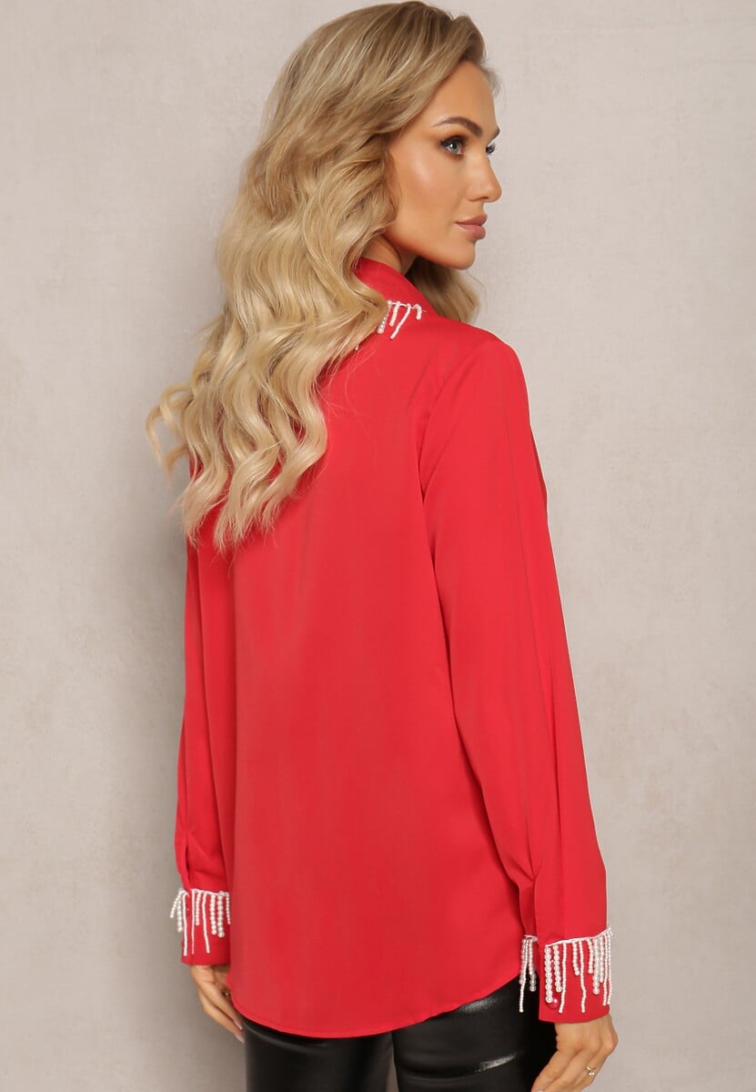 Czerwona Koszula z Długim Rękawem Ozdobiona Wiszącymi Perełkami Fadura