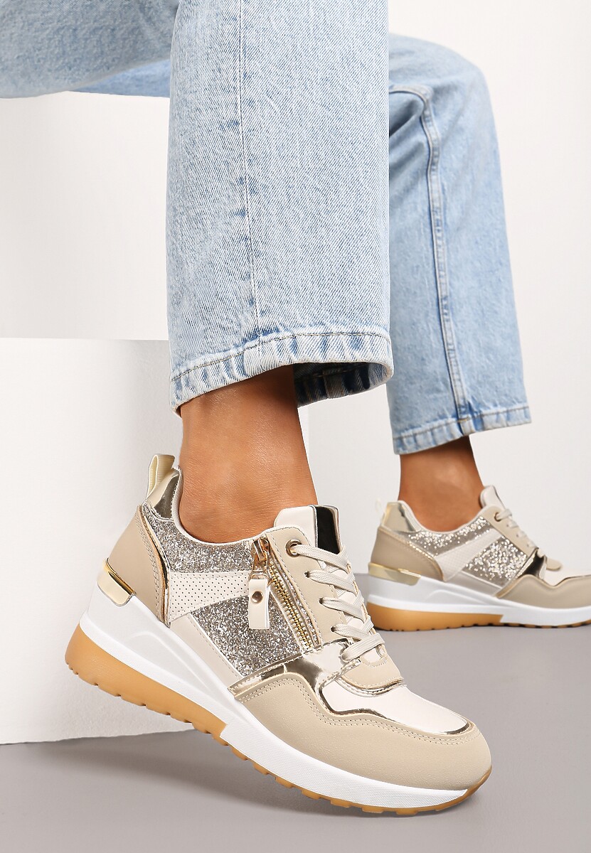 Beżowo-Złote Sneakersy na Niewysokim Koturnie Ozdobione Suwakiem i Wstawkami Liorrama