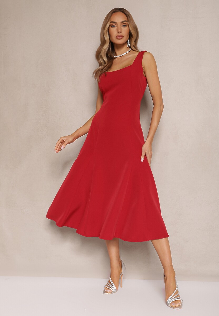 Bordowa Rozkloszowana Sukienka w Klasycznym Stylu Deslene