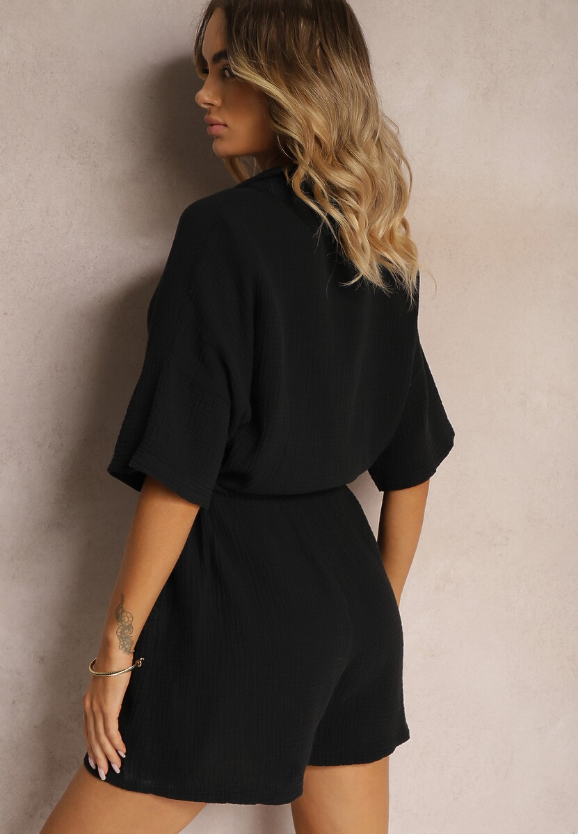 Czarny Bawełniany Kombinezon Muślinowy Ozdobiony Troczkami Zapinany na Guziki Dlissa