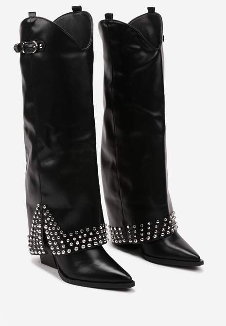 Czarne Kozaki z Ekoskóry w Stylu Kowbojek z Nitami i Wywiniętą Cholewką Irimora