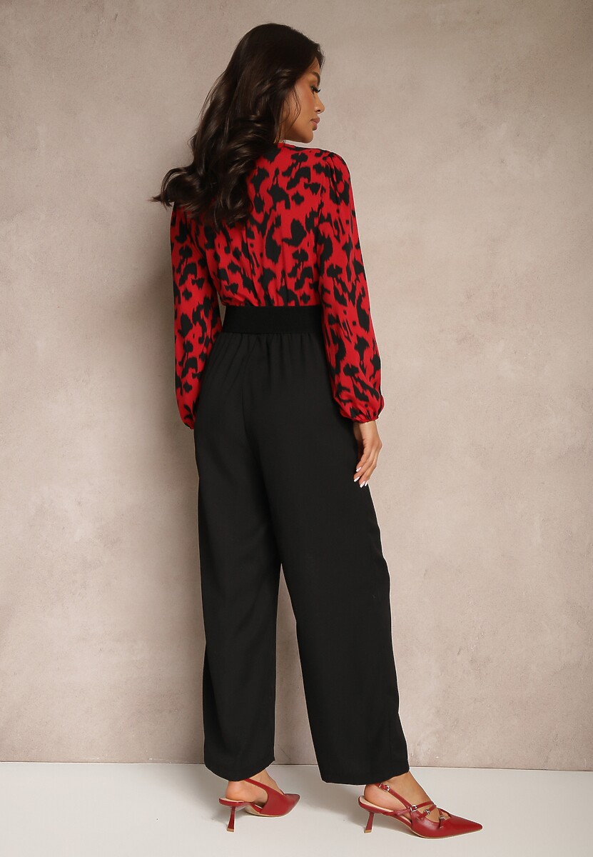 Czerwono-Czarny Kombinezon z Długimi Nogawkami i Kopertowym Dekoltem oraz Paskiem z Gumy Koretta