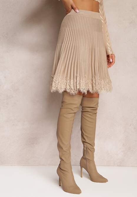 Beżowa Spódnica Mini Rozkloszowana z Gumką w Talii Saniurio