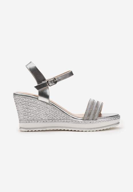 Srebrne Sandały ze Sprzączką i Cyrkoniami na Koturnie Pariet