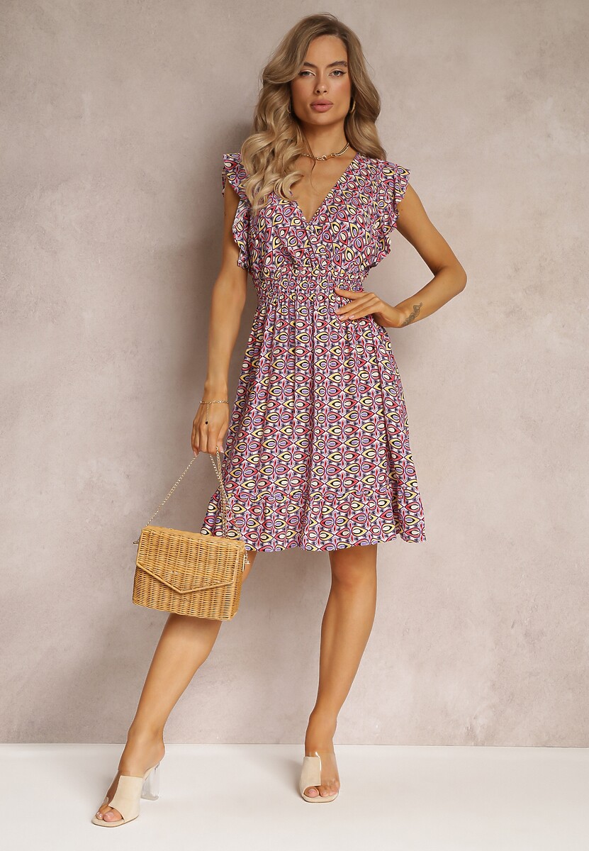 Fioletowo-Różowa Wiskozowa Sukienka Mini z Gumkami w Pasie w Kwiatki Reeves