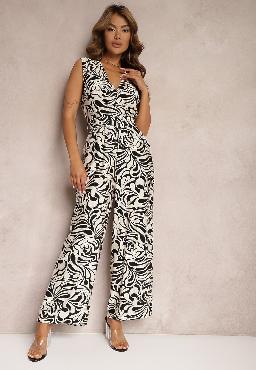 Czarno-Biały Kopertowy Kombinezon bez Rękawów z Długimi Nogawkami Yadia