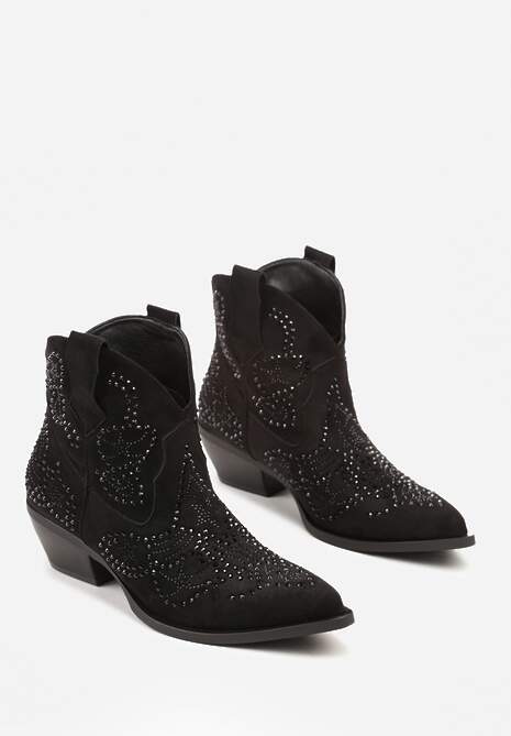 Czarne Krótkie Botki Typu Kowboki z Cyrkoniowym Zdobieniem Lalare