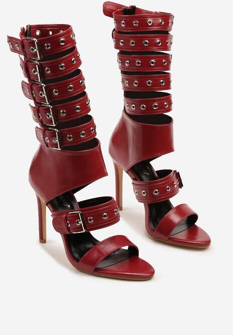 Czerwone Sandały Botki na Obcasie Zdobione Paskami ze Sprzączkami Idamirea