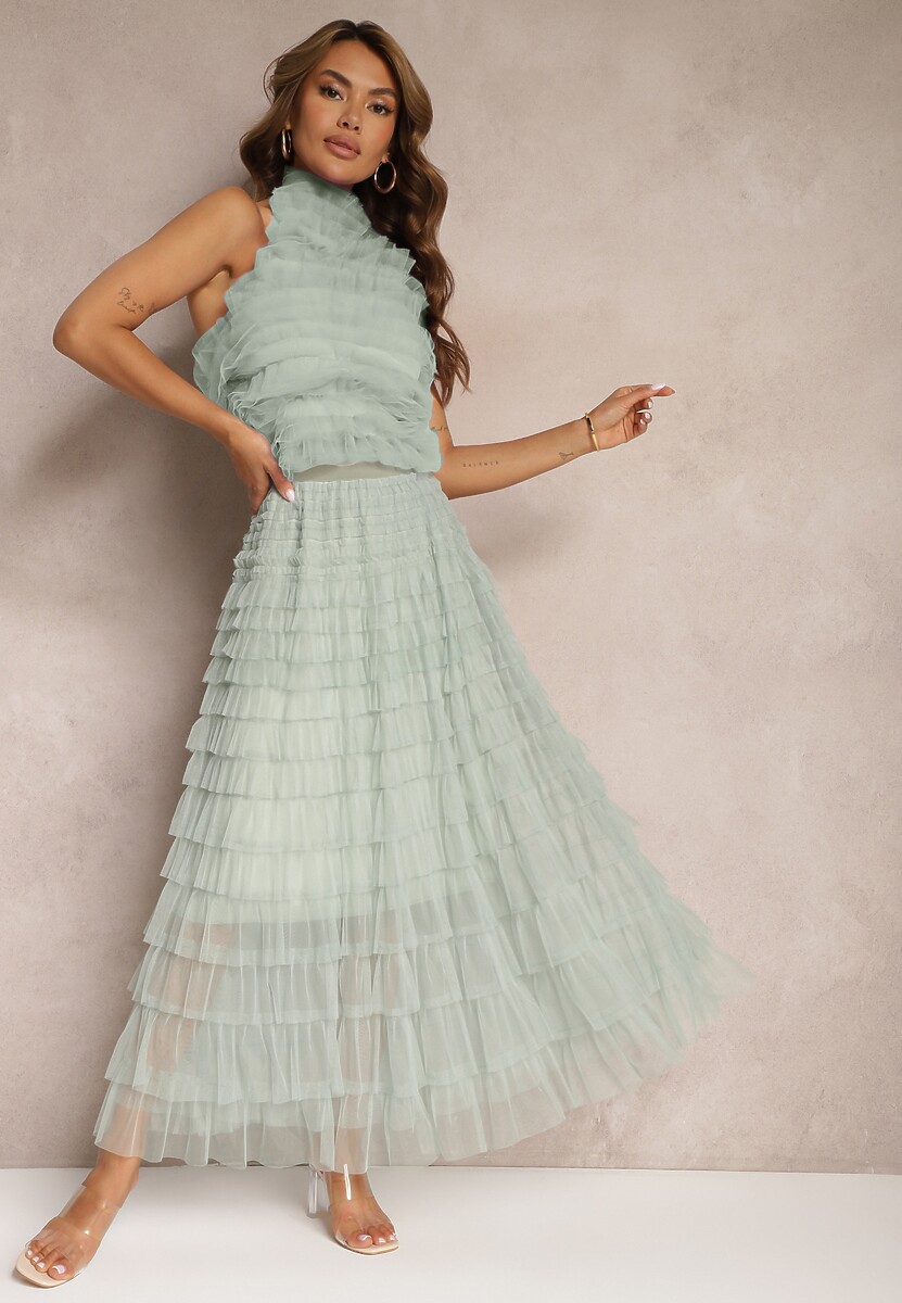 Ciemnobeżowa Spódnica Tiulowa z Gumką w Talii Ozdobiona Falbanami Missalisha