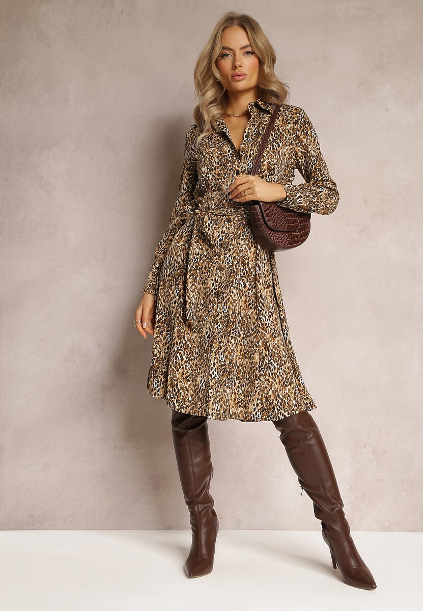Ciemnobeżowa Sukienka Koszulowa w Panterkę Nillk
