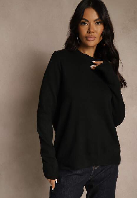 Czarny Klasyczny Sweter z Wełną i Bawełną Bez Zdobień Neandia