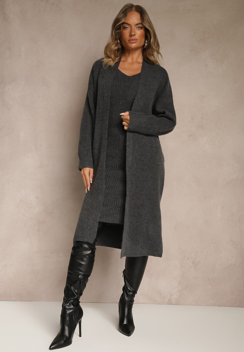 Beżowy Dzianinowy Komplet z Wełną Prążkowana Sukienka i Długi Kardigan Falonessa