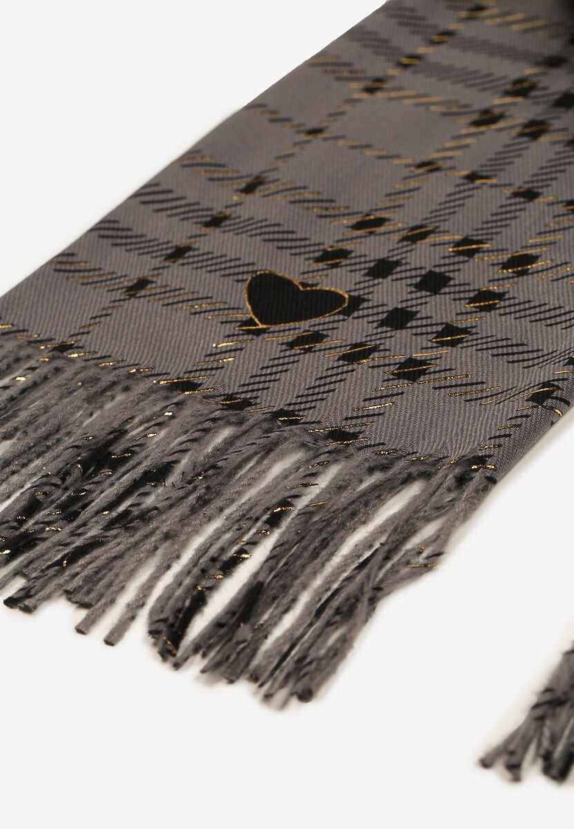 Szary Szalik z Wiskozą Bawełną Kratą Sercami i Frędzlami Berisia