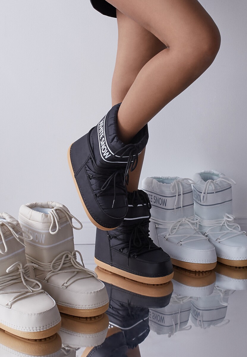 Czarne Ocieplone Śniegowce Wsuwane z Ozdobnym Napisem i Sznurowaniem Nalissa