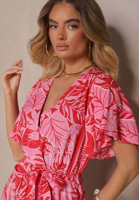 Czerwona Wiskozowa Sukienka w Kwiaty o Kopertowym Kroju z Wiązanym Paskiem Davionisa