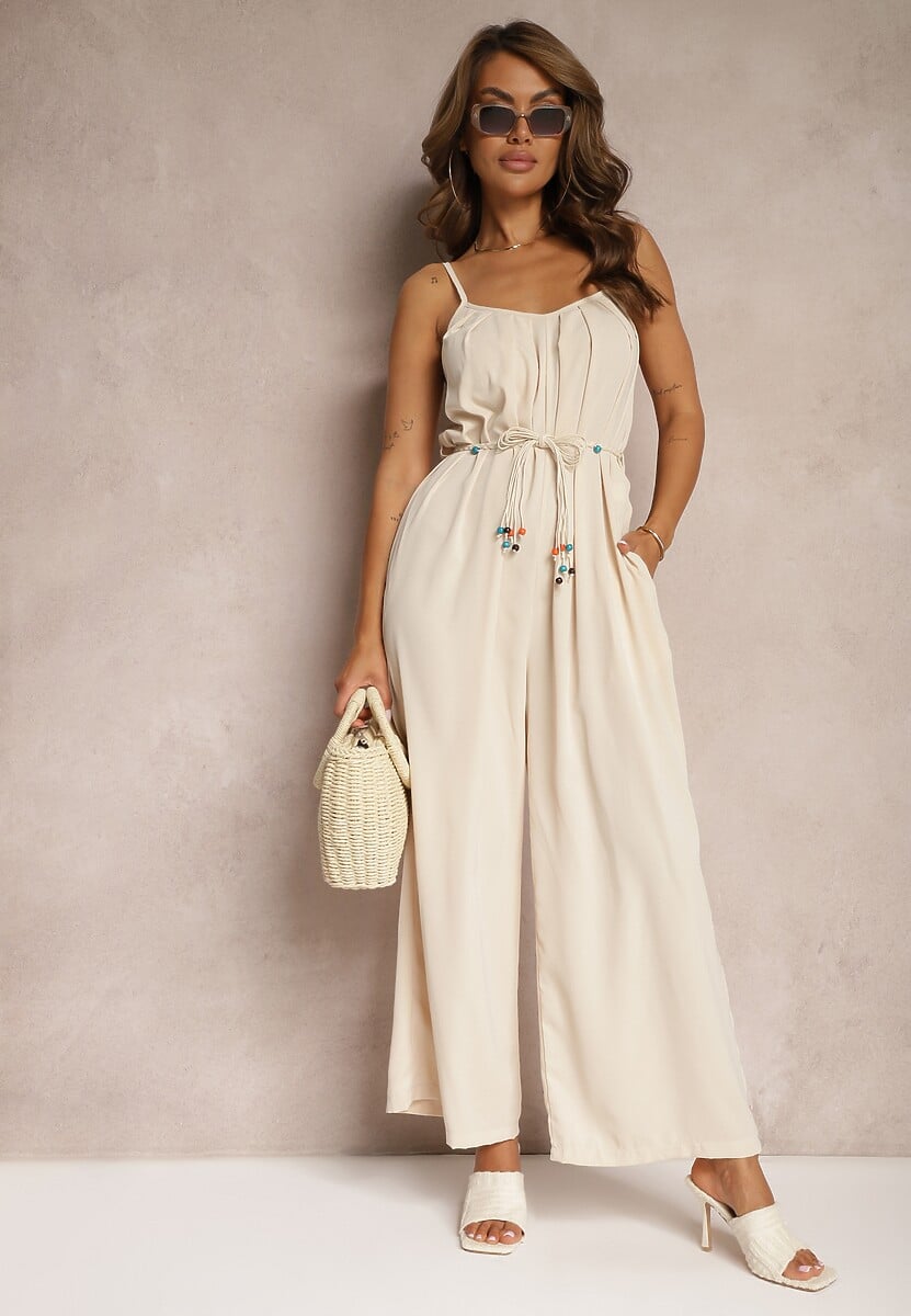 Zielony Kombinezon z Regulowanymi Ramiączkami Wiązany w Talii bez Ramiączek Juletta