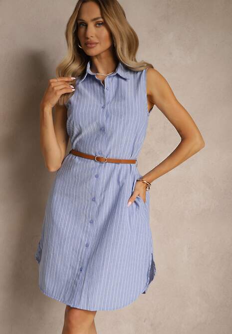 Granatowa Bawełniana Sukienka o Koszulowym Kroju Bez Rękawów z Paskiem z Klamerką Meporia