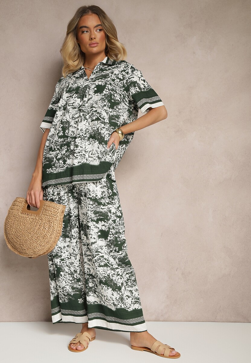 Czarny Komplet z Wiskozy Koszula i Spodnie z Motywem Roślinnym Ridiene