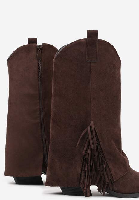 Brązowe Botki Kowbojki na Stożku Ozdobione Frędzlami Reielle