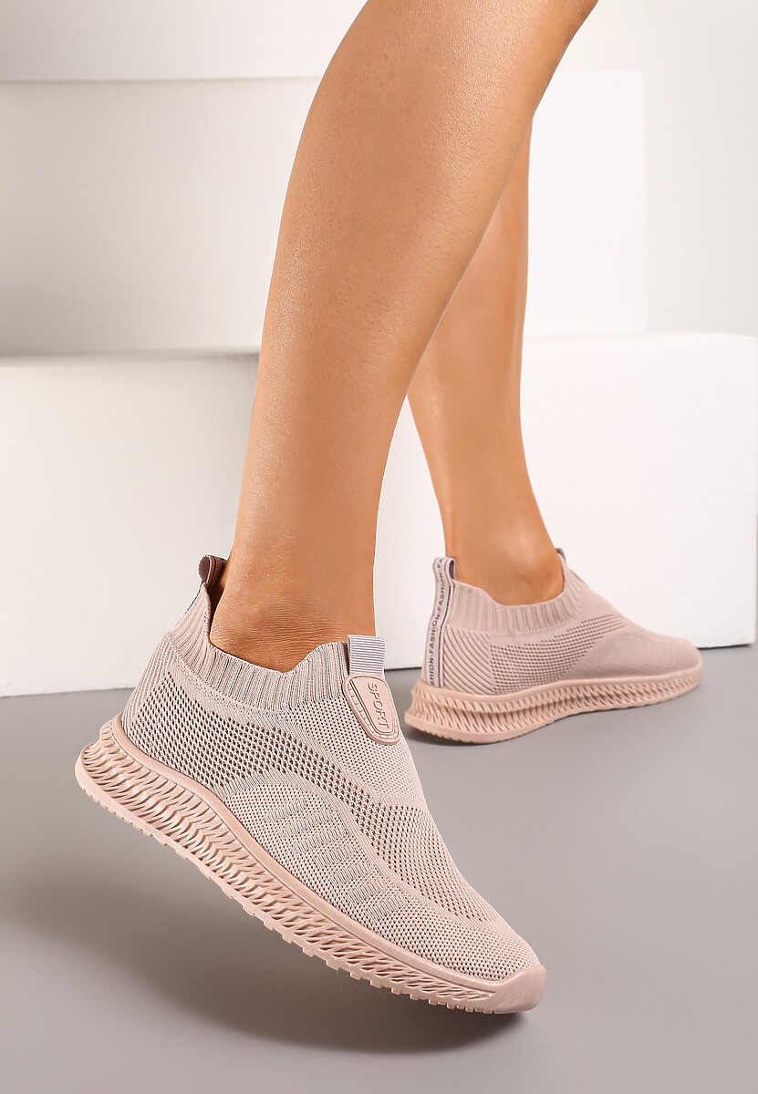 Beżowe Buty Sportowe ze Skarpetkową Cholewką Pinke