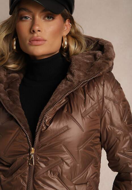 Brązowa Kurtka Mocno Ocieplona z Kapturem i Pikowanymi Przeszyciami Cenirina