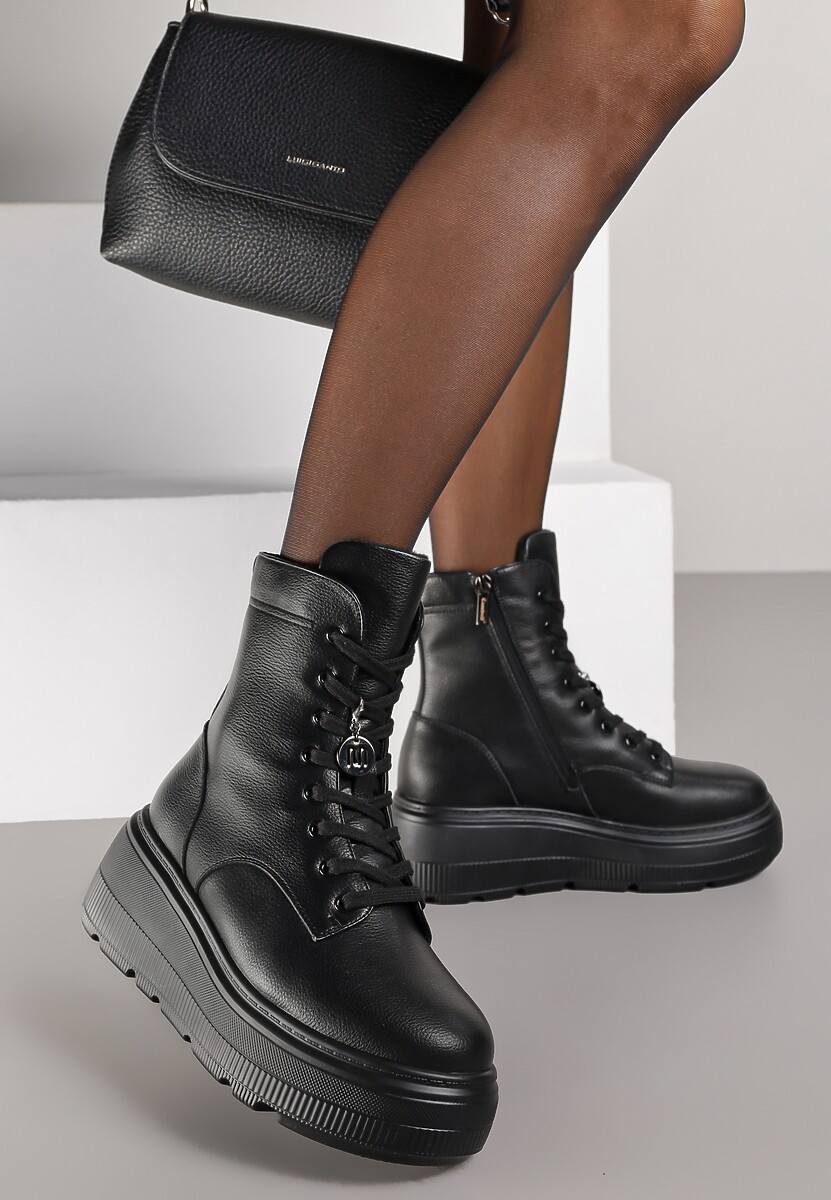 Czarne Botki Workery na Platformie ze Skóry Naturalnej Vernica