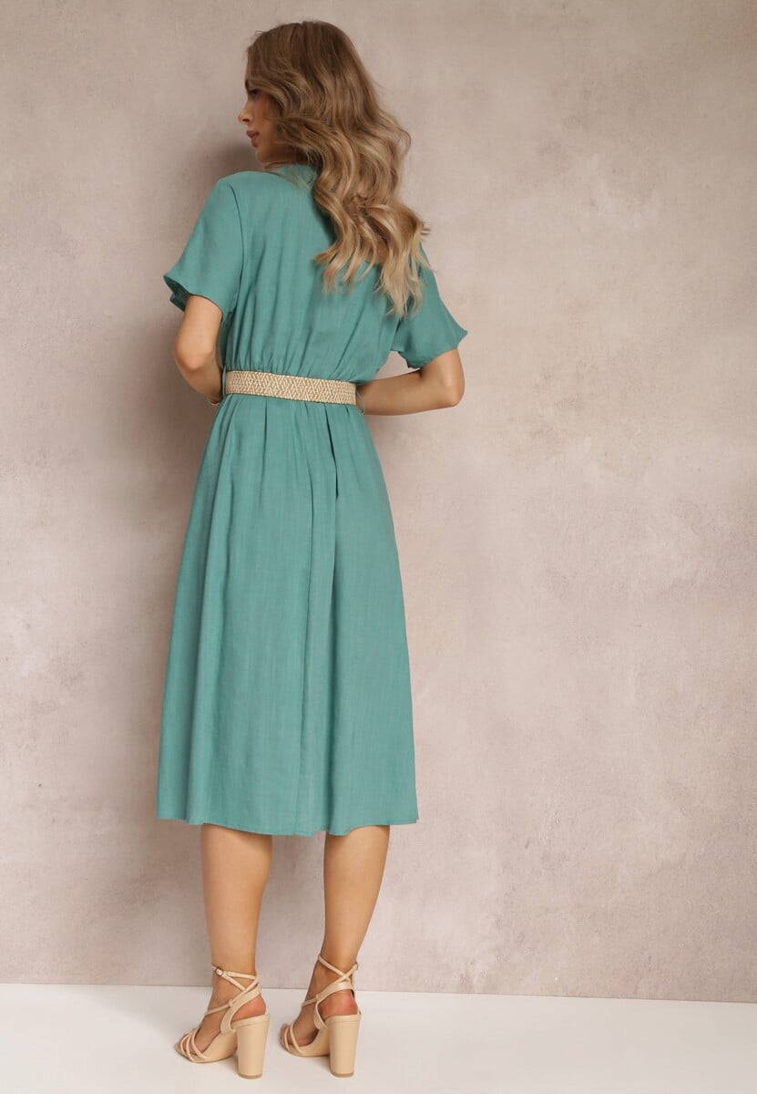 Zielona Koszulowa Sukienka Midi z Bawełny z Gumką w Talii i Plecionym Paskiem Emera