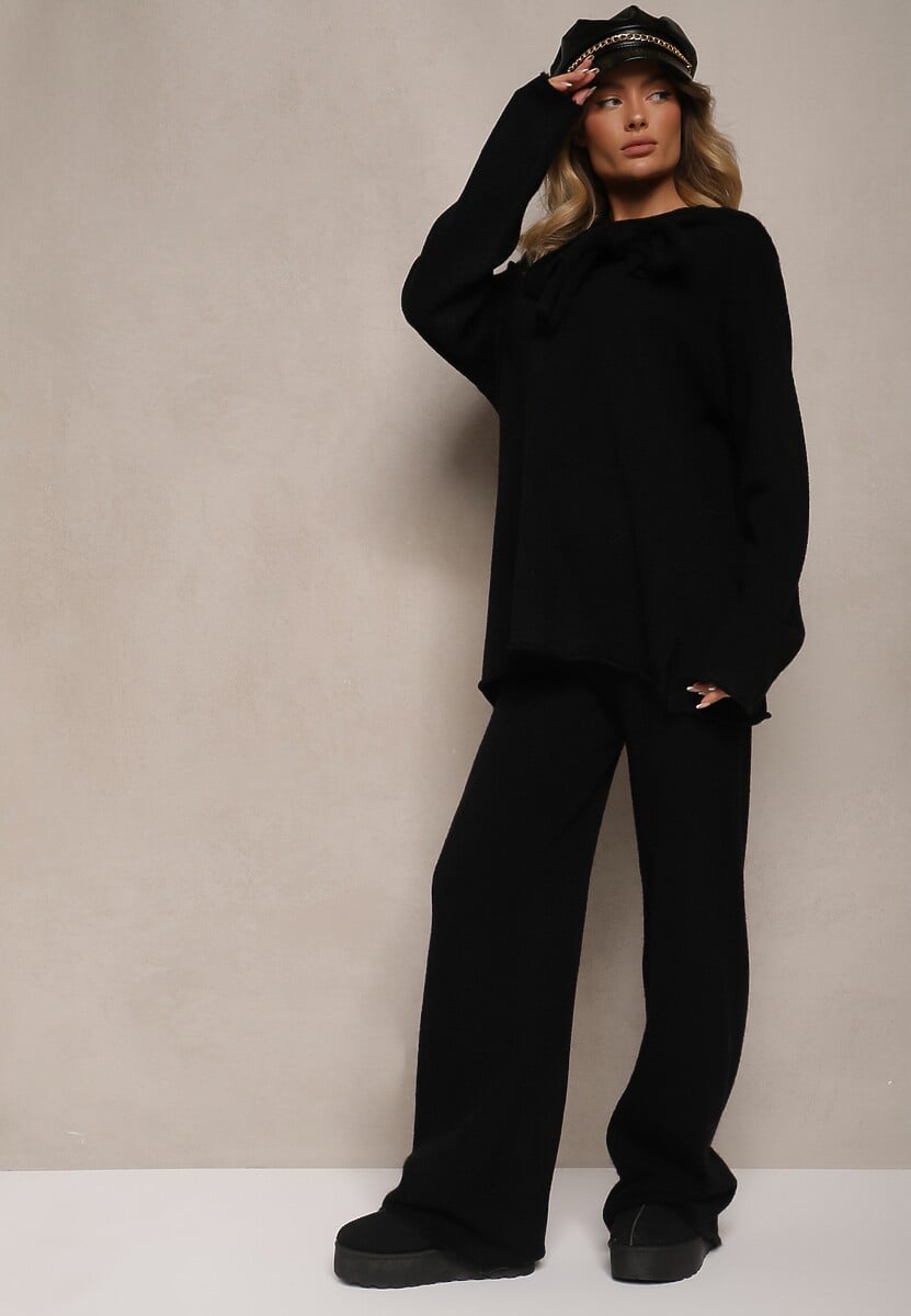 Czarny Komplet Oversize z Dzianiny Sweter z Wiązaniem i Spodnie o Szerokim Kroju Emmige