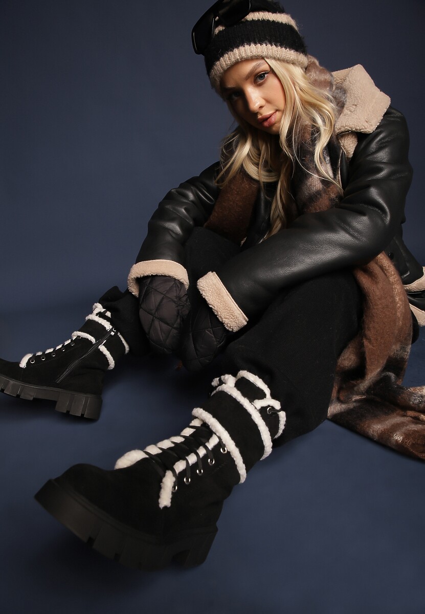 Ciemnobeżowe Botki Workery na Grubej Podeszwie z Futerkiem Valiro