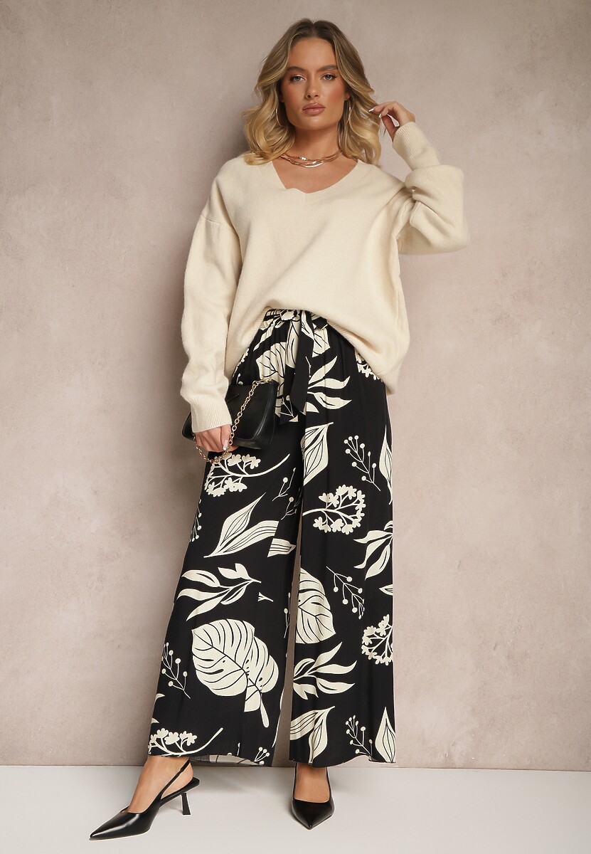 Czarne Szerokie Spodnie w Kwiatowy Wzór z Gumką w Talii i Paskiem Liledia