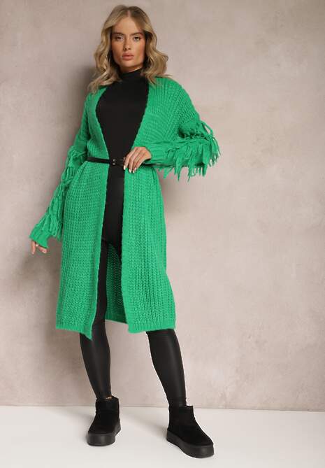 Jasnozielony Długi Kardigan Dzianinowy z Ozdobnymi Frędzlami i Paskiem Mesfin