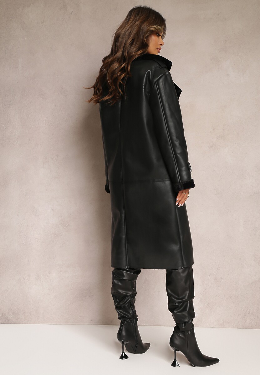 Czarny Dwurzędowy Płaszcz Oversize z Imitacji Skóry i Futerkiem Vess