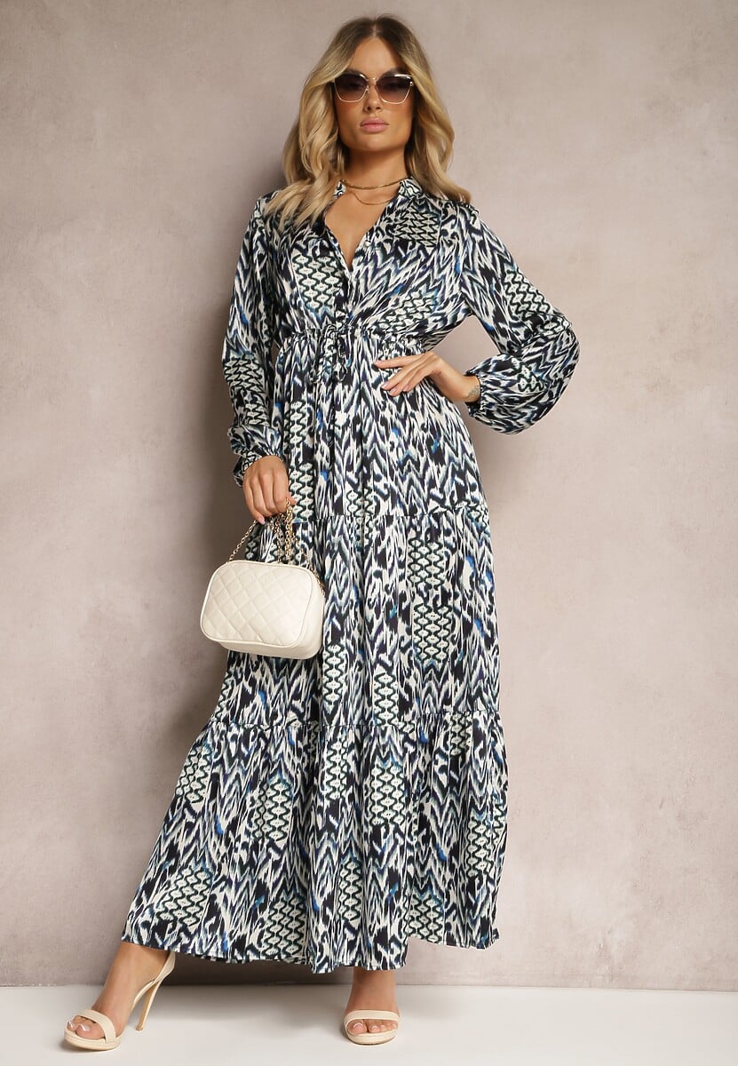 Niebieska Sukienka o Rozkloszowanym Kroju ze Ściągaczem w Talii i Trójkątnym Dekoltem z Guzikami Niamarie