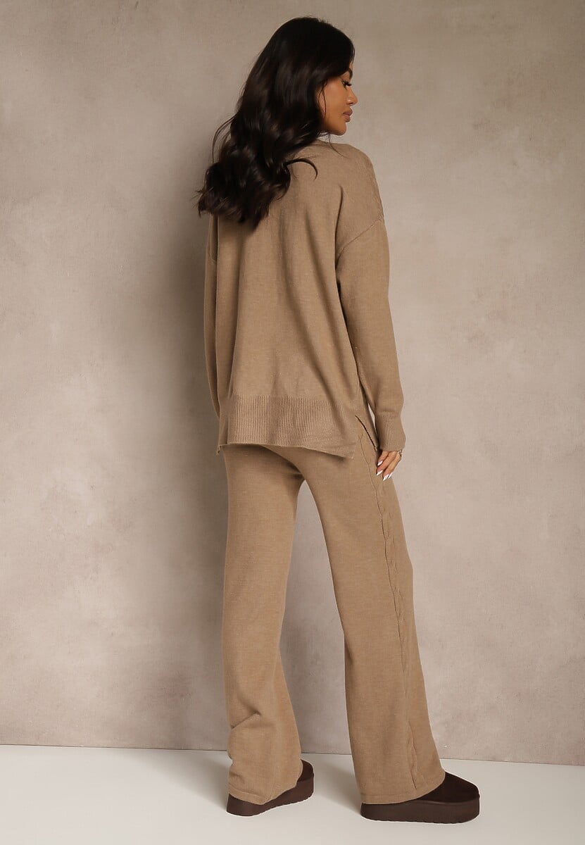 Ciemnobeżowy Dzianinowy Komplet z Wełną w Warkoczowy Splot Spodnie i Sweter Reinette