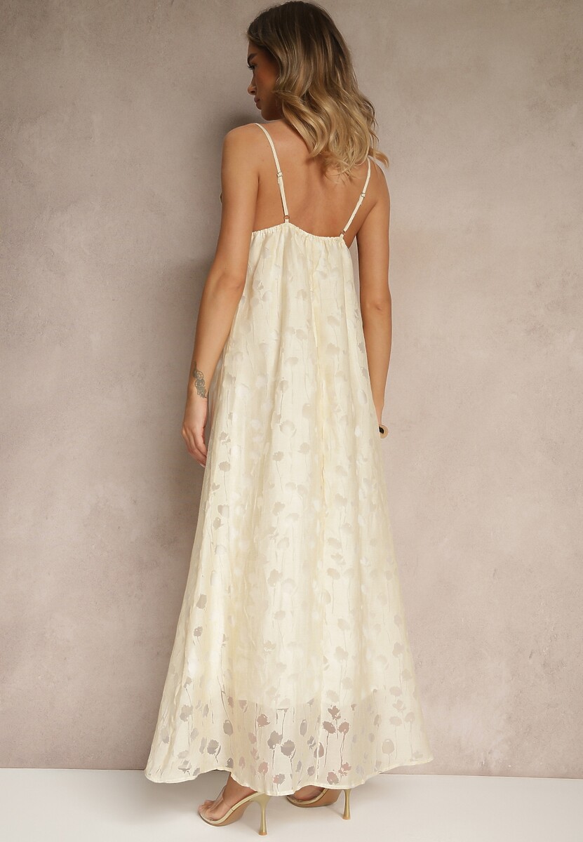 Beżowa Trapezowa Sukienka z Wiskozą na Ramiączkach Silarisse