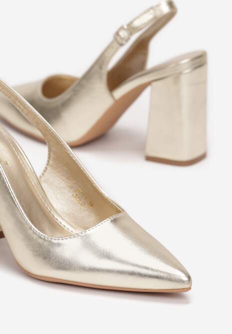 Złote Czółenka ze Szpiczastym Noskiem na Słupku i Odkrytą Piętą Dalanie