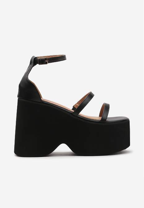 Czarne Wysokie Sandały na Masywnej Platformie i Koturnie z Cienkimi Paseczkami  Taunna