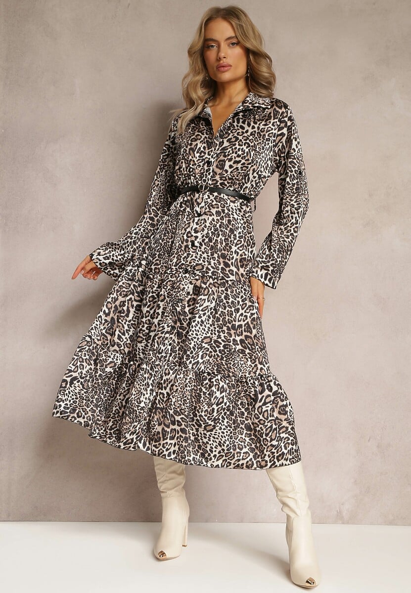 Brązowa Sukienka w Panterkę z Paskiem Antibrote