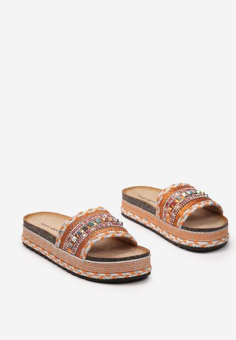 Pomarańczowe Klapki Boho na Platformie z Plecionką i Szerokim Paskiem z Koralikami Gitasta