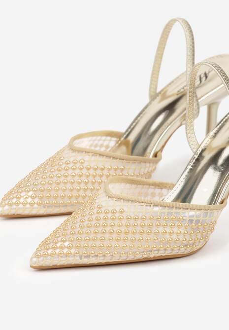 Złote Sandały na Szpilce z Siateczkowym Noskiem z Aplikacją z Perełek Aurifera