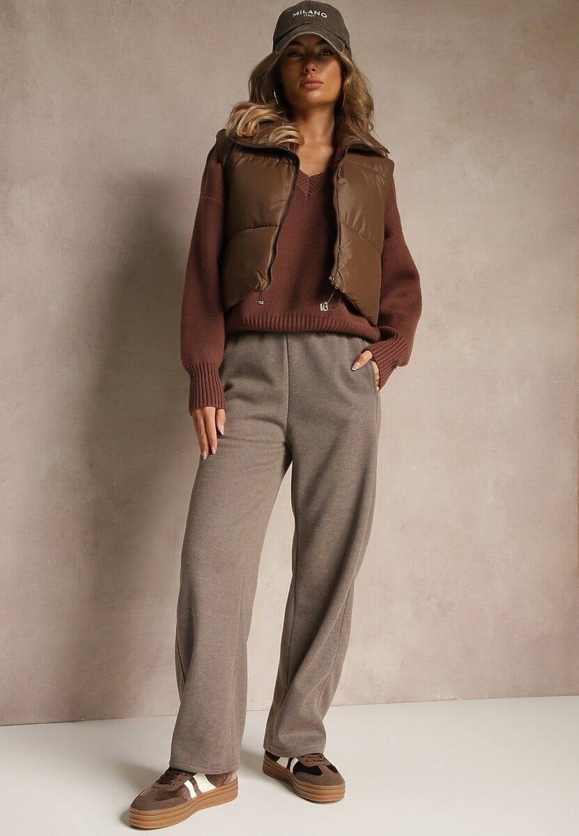 Brązowe Szerokie Spodnie Ocieplane z Bawełny High Waist Iltilia