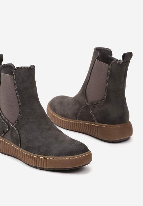 Szare Botki Sztyblety na Płaskiej Podeszwie Ozdobionej Tłoczeniem Lemitana