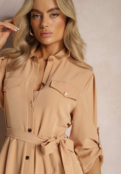 Beżowa Długa Sukienka z Rozkloszowanym Dołem i Koszulową Górą Kitesi