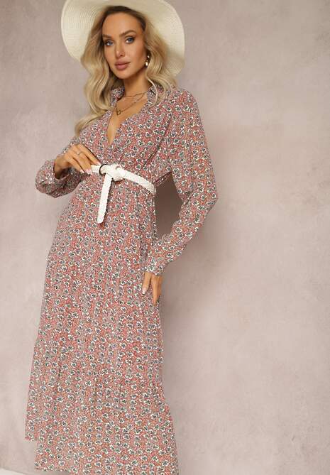 Różowa Sukienka Rozkloszowana w Kwiaty z Paskiem Rakhila