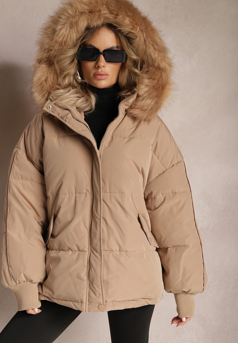 Beżowa Kurtka Oversize z Futrzanym Kapturem Haduni