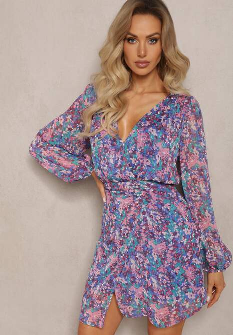 Niebiesko-Fioletowa Krótka Sukienka Kopertowa w Kwiatowy Wzór Ninora